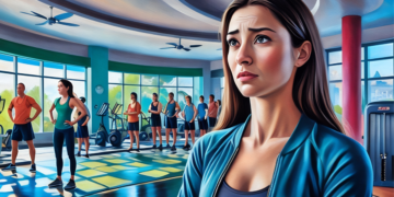 a woman looking nervous in the gym, she is called Sophia.