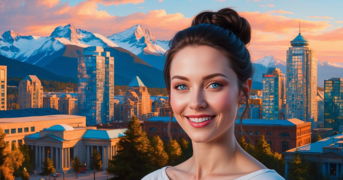 a young woman standing and the background is beautiful Vancouver at sunset