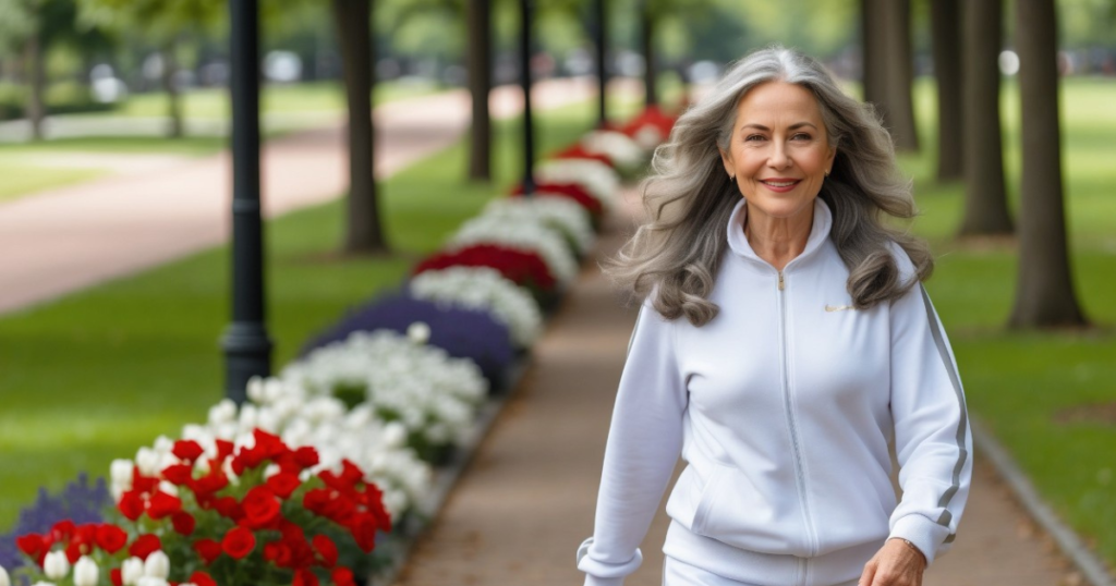 a woman with gray hair walking in the park