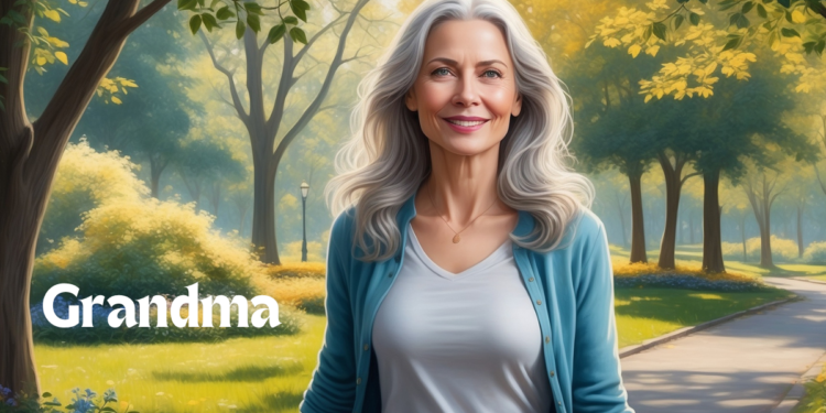 a woman with gray hair walking in the park