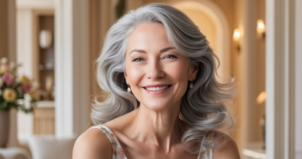 an young looking 60 year old woman smiling